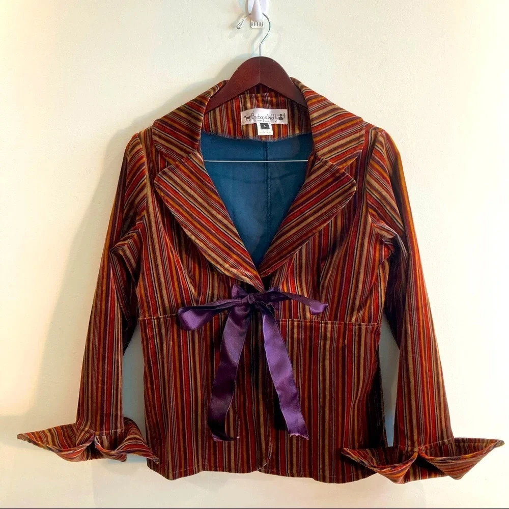 BEEBOP & WALLY Sz L  Velvet Striped Satin Bow Front Unlined Jacket